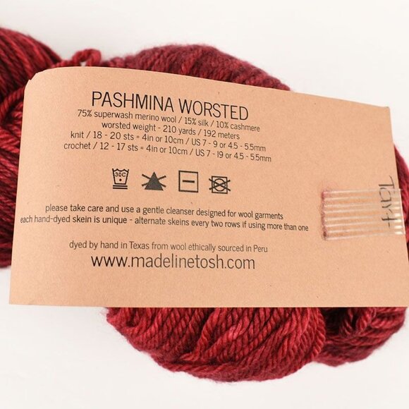 MadelineTosh Pashmina Worsted Yarn Merino Wool Cashmere Blend 210 Yds Tart Red - Picture 3 of 3